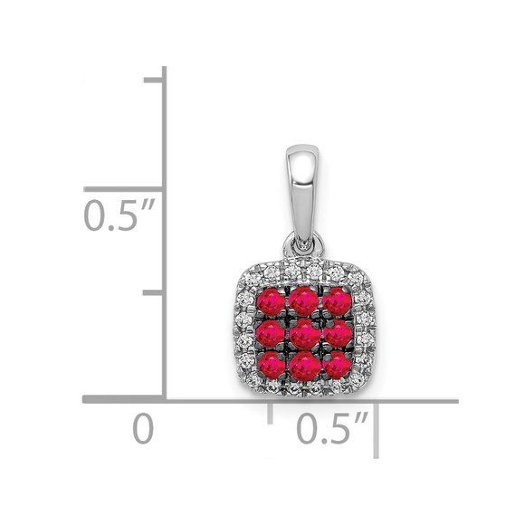 14k White Gold Diamond & .23 Red Ruby Square Halo Necklace Charm Pendant - Picture 4 of 4